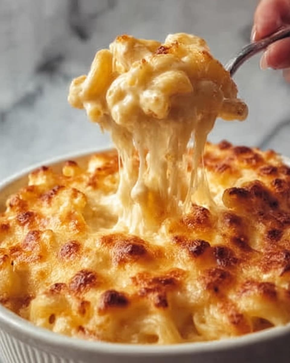 This image shows a close-up of a creamy baked macaroni and cheese dish in a white bowl. The macaroni is covered with a golden-brown melted cheese layer that looks bubbly and slightly crispy on top. A woman's hand lifts a spoonful of macaroni, stretching gooey melted cheese between the bowl and the spoon. The pasta underneath is soft and coated in smooth, creamy cheese sauce. The background is a white marbled texture. photo taken with an iphone --ar 4:5 --v 7