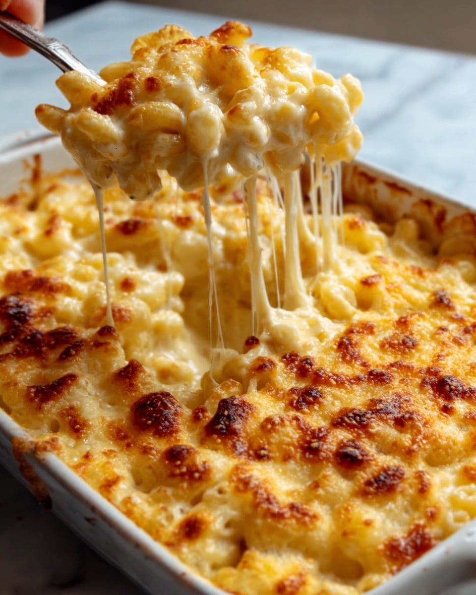 A close-up of a white baking dish filled with creamy macaroni and cheese. The macaroni is covered in melted cheese that is golden brown on top with small browned spots. The inside is gooey and stringy, as a woman's hand lifts a portion, showing the stretchy cheese pulling away from the dish. The texture of the cheese on top looks crispy while the macaroni underneath is soft and coated in smooth cheese sauce. The background is a white marbled surface. Photo taken with an iphone --ar 4:5 --v 7
