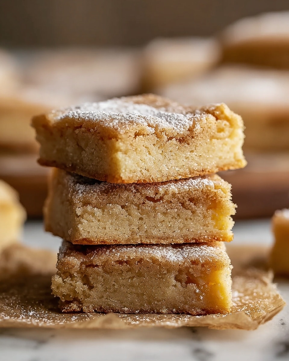A close-up image shows a stack of four square blondies on a piece of parchment paper. The blondies have a golden-brown top with a slightly cracked surface and a moist, dense light beige inside. The top layer is dusted evenly with powdered sugar, adding a soft white texture. The blondies are placed on a white marbled surface with a blurred background showing more blondies. photo taken with an iphone --ar 4:5 --v 7