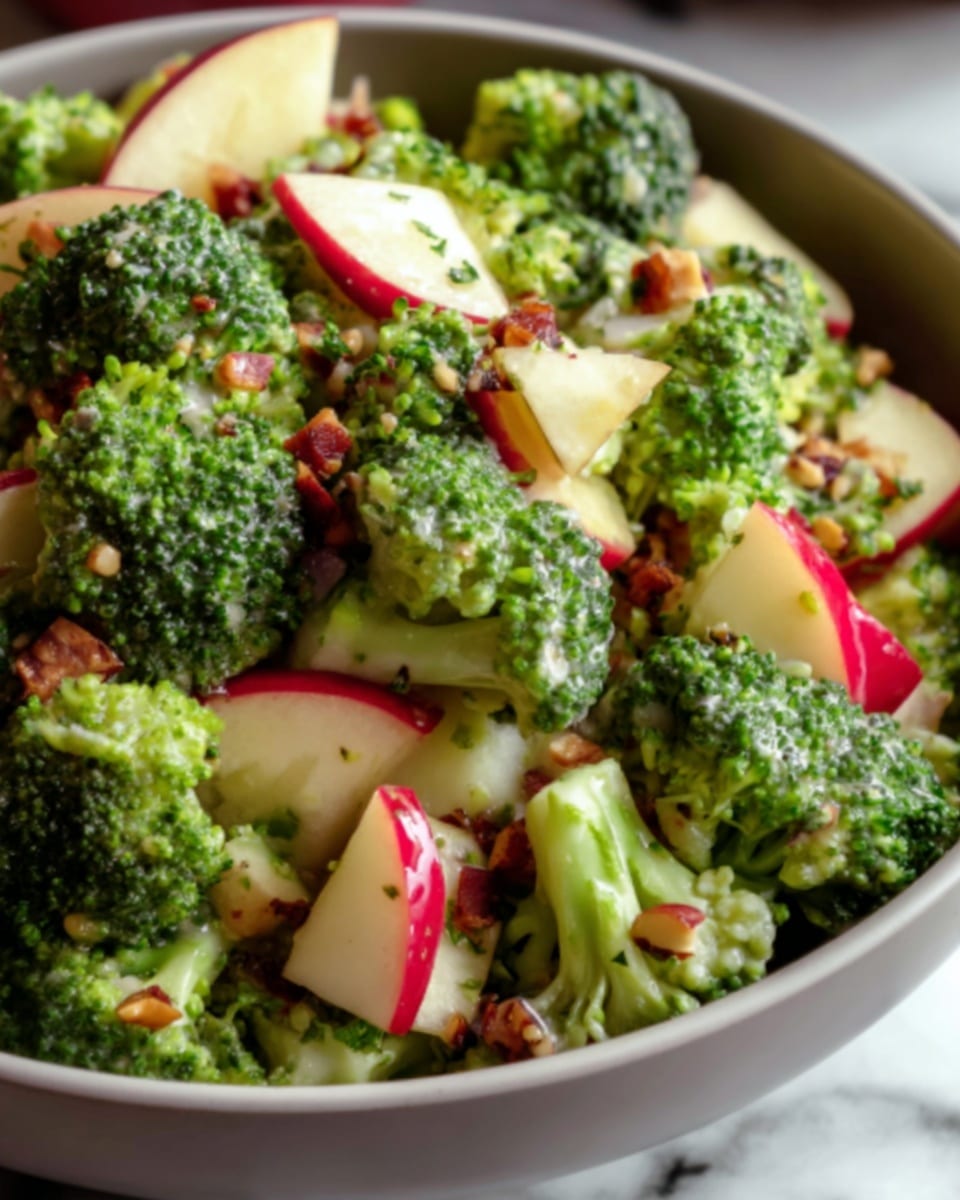 A close-up of a fresh broccoli and apple salad served in a white bowl, filled with several layers of vibrant green broccoli florets and bright red apple pieces with their skins on, tossed together with small bits of chopped nuts and sprinkled with finely chopped herbs. The broccoli has a textured, slightly rough surface, while the apple pieces are smooth and shiny with a mix of red and white inside. The salad looks fresh and colorful against the white marbled surface background. Photo taken with an iphone --ar 4:5 --v 7