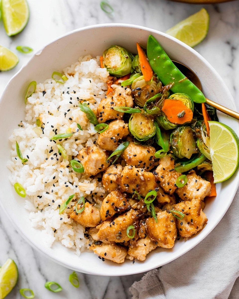 The dish is served in a white bowl filled with three main layers: on the left side, there is a layer of fluffy white rice with light brown sauce mixed in; on the right side, bite-sized pieces of golden-brown, cooked chicken with a slight crispy texture are scattered with black sesame seeds and thin green onion slices on top; above the chicken, there is a colorful mix of cooked vegetables including bright green snap peas, lightly browned sliced Brussels sprouts, and thin, soft orange carrot strips, all garnished with more green onions and a fresh lime wedge placed at the top right edge. A gold spoon is partially visible inside the bowl on the right side. The background surface is white marble with scattered sliced lime pieces and small vegetable bits, and part of a light gray cloth is visible at the bottom right corner. photo taken with an iphone --ar 4:5 --v 7