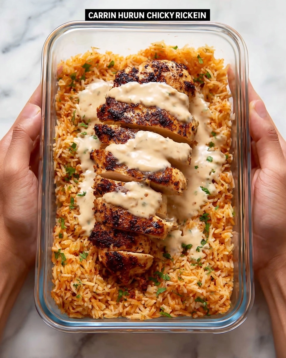 A clear glass rectangular container holds a serving of creamy Cajun chicken and rice. The bottom layer is fluffy orange-tinted rice with small green herb bits mixed in, covering the entire base. On top of the rice lies a thick, sliced chicken breast, grilled and richly browned with seasoned char marks. The chicken is covered with a smooth, light beige cream sauce that spreads unevenly across the middle, allowing the crispy chicken edges to remain visible. The container is held by two woman's hands, positioned on either side, against a white marbled surface. photo taken with an iphone --ar 4:5 --v 7