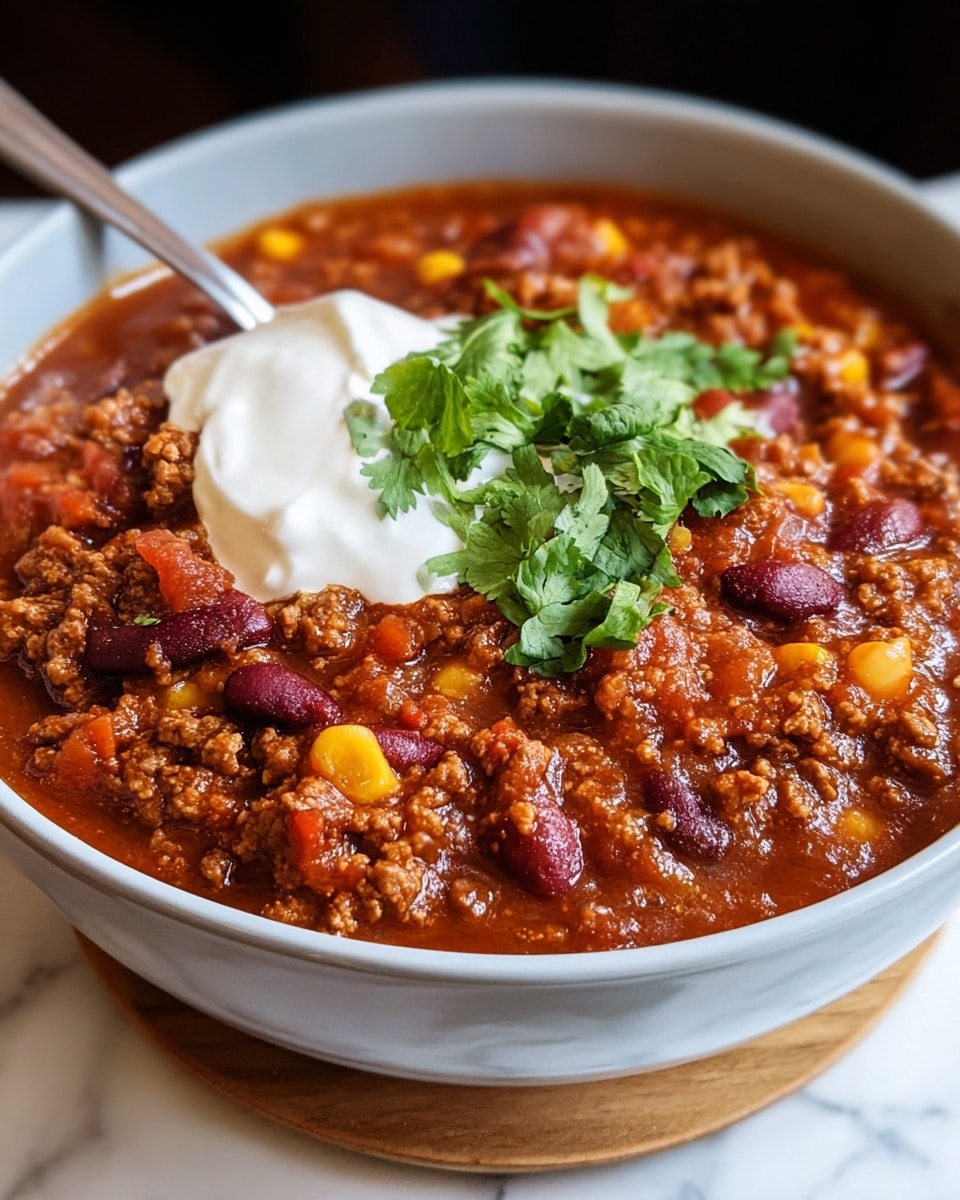 A close-up view of a thick bowl of chili with visible ground beef, kidney beans, corn, and chunks of tomato, all mixed in a rich reddish-brown sauce filling the bowl. On top, there is a dollop of white sour cream and a sprinkle of fresh green cilantro leaves, adding a bright contrast. A silver spoon rests inside the bowl on the left side. The bowl is white, round, and sits on a light-colored wooden base, all placed on a white marbled surface. Photo taken with an iphone --ar 4:5 --v 7