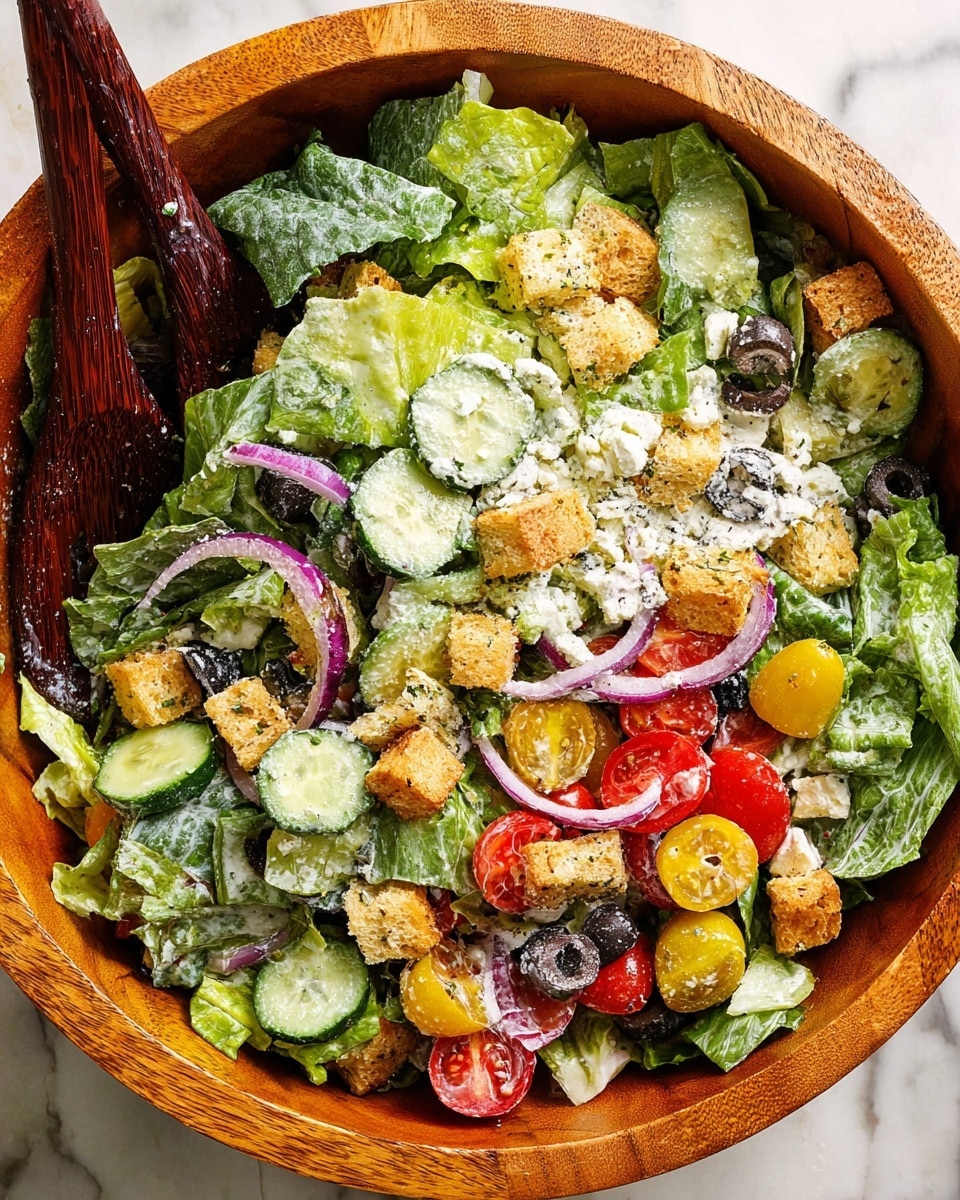 A wooden bowl filled with a fresh mixed salad showing three main layers: the bottom layer is made of green lettuce leaves with a rough texture; the middle layer contains sliced cucumbers in light green and dark green, halved cherry tomatoes in bright red, and thin rings of purple onion; the top layer features golden brown croutons, small white chunks of feta cheese, black olive slices, and pieces of green pepper rings, all lightly coated with a creamy dressing. Two dark wooden salad utensils are partially visible inside the bowl, which is placed on a white marbled texture. Photo taken with an iphone --ar 4:5 --v 7