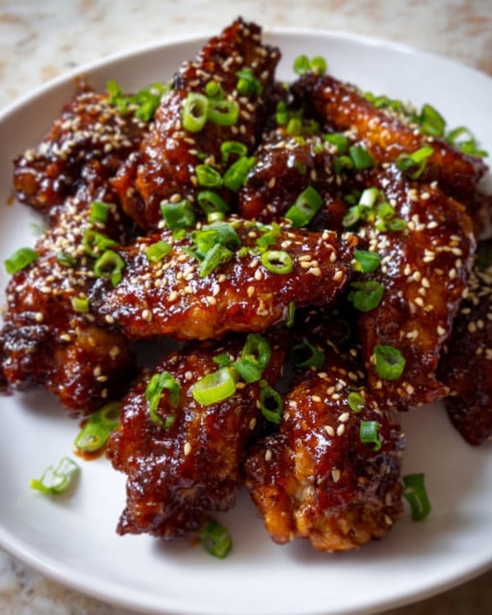 The image shows a white plate filled with several pieces of glazed chicken wings. Each wing is covered in a shiny, dark brown sauce that looks thick and sticky, giving a glossy texture. There are bright green chopped green onions scattered on top of the wings, adding a fresh color contrast. White sesame seeds are sprinkled widely over the wings, providing a small, rough texture. The plate sits on a white marbled surface, and the close-up photo highlights the rich sauce and fresh toppings clearly. Photo taken with an iphone --ar 4:5 --v 7