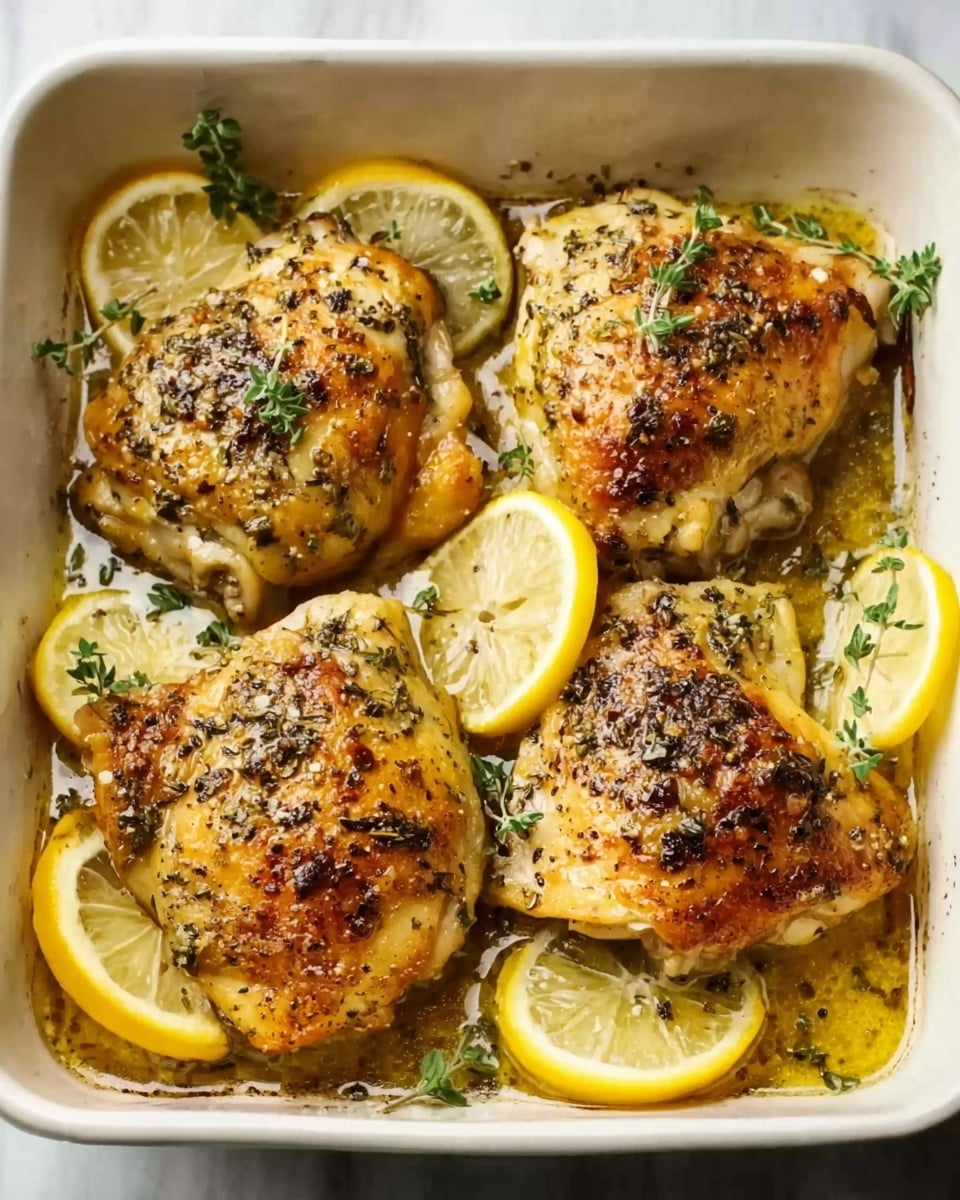 A white dish holds four pieces of golden-brown roasted chicken thighs, each with crispy, slightly textured skin seasoned with herbs and spices. Around the chicken, there are six slices of bright yellow lemon, some placed at the corners and others nestled between the chicken pieces. A few sprigs of fresh green herbs are scattered on top to add color. The dish is on a white marbled surface. Photo taken with an iphone --ar 4:5 --v 7