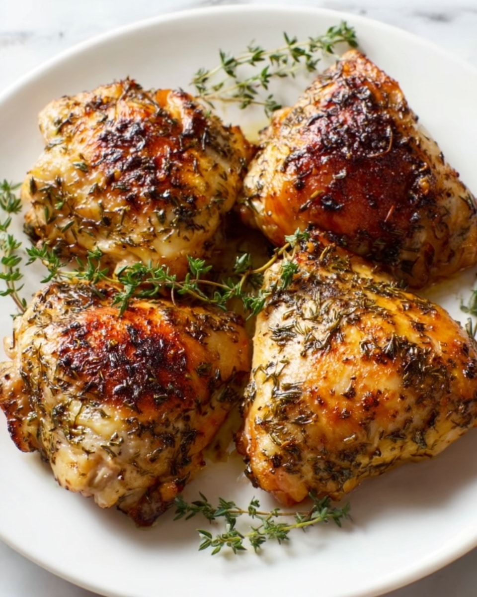 The image shows a white plate with four golden-brown roasted chicken thighs arranged in a close cluster, each thigh glistening with a crispy, slightly charred skin covered in herbs and spices. Small sprigs of fresh green thyme are placed on and around the chicken, adding a touch of color and freshness. The background is a white marbled texture, enhancing the warm colors of the roasted chicken. Photo taken with an iphone --ar 4:5 --v 7