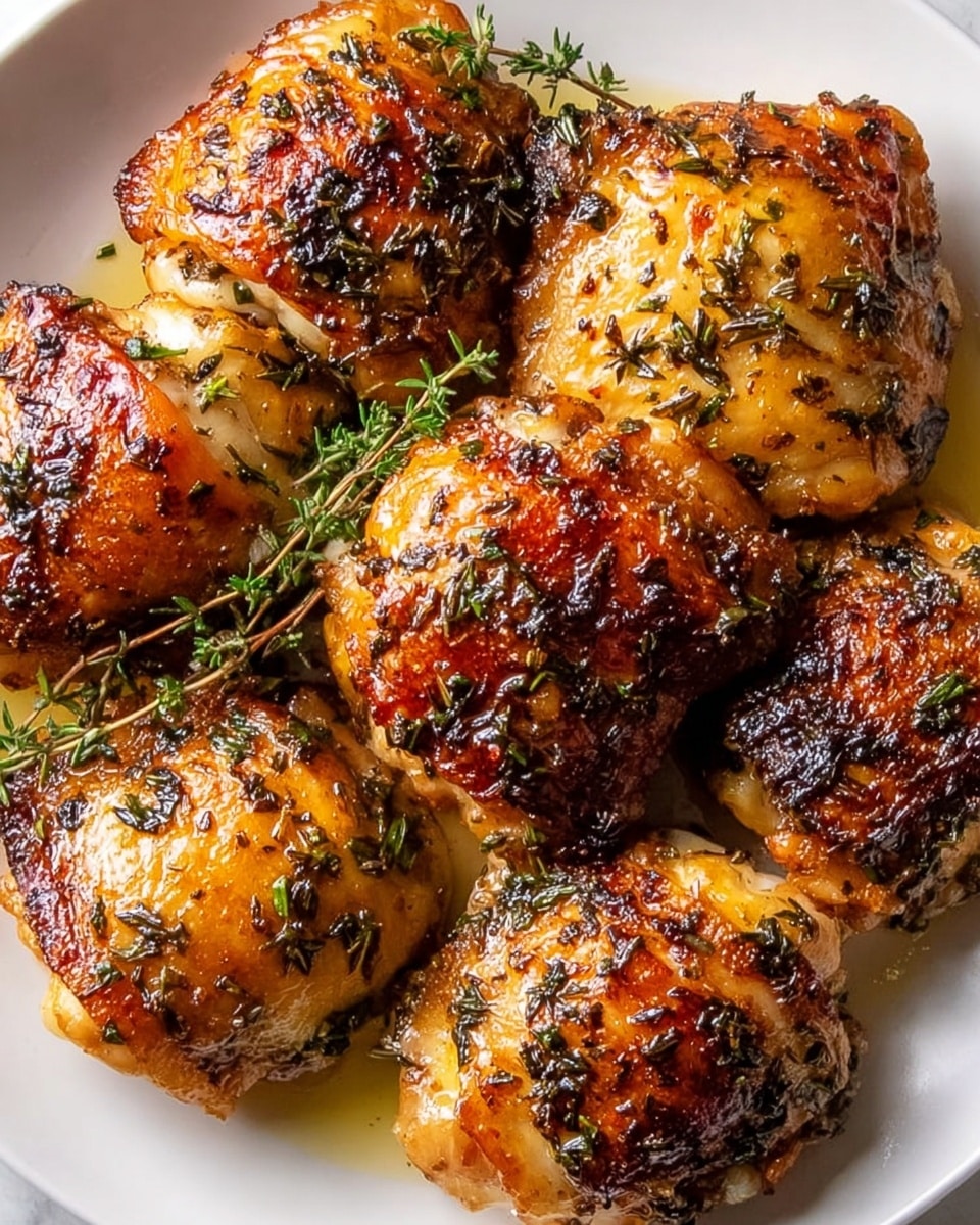 A white plate filled with five pieces of golden-brown roasted chicken thighs, each piece showing crispy skin with a shiny, slightly oily glaze. The chicken is covered with small green herb leaves, mostly thyme, and some bits of black pepper sprinkled evenly on the surface. The skin looks textured with a mix of crispy and tender parts, and there are small pools of light brown cooking juices around the chicken. The plate sits on a white marbled surface. Photo taken with an iphone --ar 4:5 --v 7