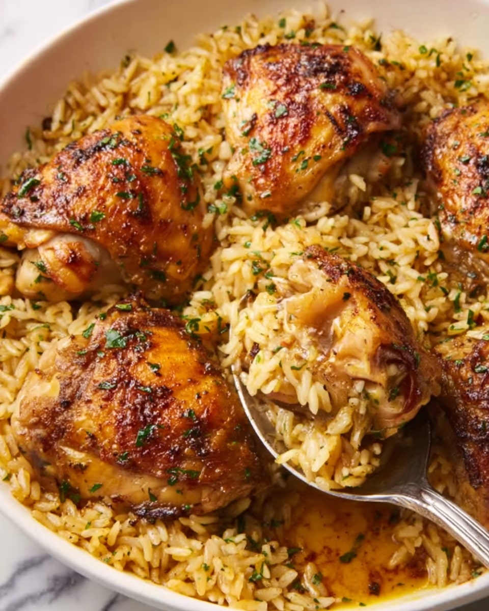 The image shows a close-up of a dish with four golden brown chicken thighs placed on a bed of fluffy yellow rice. The chicken skin looks crispy with herbs sprinkled on top, and the rice is mixed with small bits of green herbs and some sauce, making it look moist and flavorful. A spoon is slightly lifting one piece of chicken, showing the juicy texture underneath. The whole dish is on a white plate, against a white marbled background. Photo taken with an iphone --ar 4:5 --v 7