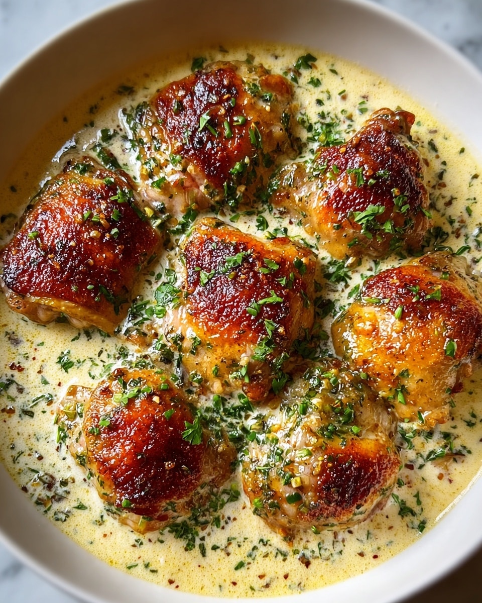 The image shows six pieces of golden-brown, crispy chicken thighs arranged in a white bowl, sitting in a creamy light yellow sauce speckled with small green herb pieces. The chicken thighs are topped with finely chopped fresh green herbs, adding a vibrant contrast to the rich sauce. The sauce covers the bottom of the bowl, pooling around the chicken and creating a smooth, creamy base with bits of herbs scattered throughout. The overall look is rich and inviting with a mix of textures between the crispy chicken skin and smooth sauce. Photo taken with an iphone --ar 4:5 --v 7