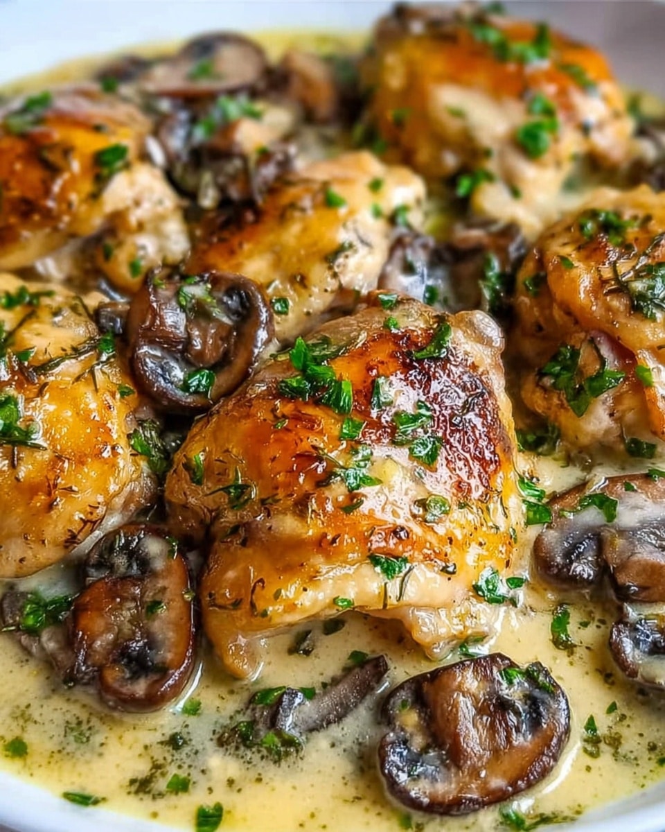 The image shows a close-up of a dish with several pieces of golden-brown cooked chicken thighs. The chicken is covered with a creamy sauce that has a light yellow color and small green herb bits on top, likely parsley. Among the chicken pieces are thick slices of sautéed mushrooms, browned and glossy from cooking, also sprinkled with green herbs. The textures show the chicken skin crackled and shiny, the mushrooms soft and moist, and the sauce smooth and creamy, all resting on a bed of creamy sauce. The background is a white marbled texture. photo taken with an iphone --ar 4:5 --v 7