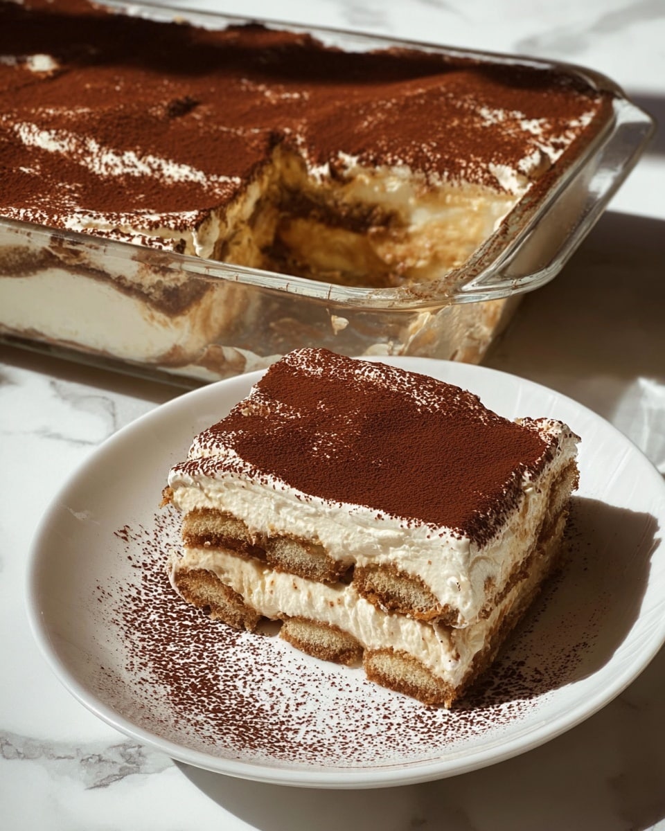 A close-up view of a layered tiramisu dessert shown in a clear glass rectangular dish with a slice served on a white plate below. The tiramisu has three main layers: a bottom light brown coffee-soaked cake layer, a thick middle creamy white mascarpone cheese layer, and a top smooth creamy layer dusted generously with fine dark brown cocoa powder. The slice on the plate reveals the distinct layers, with the cocoa powder sprinkled not only on top but also artistically scattered around the plate edge. The background is a white marbled surface, and sunlight casts soft shadows, highlighting the dessert’s textures. Photo taken with an iphone --ar 4:5 --v 7