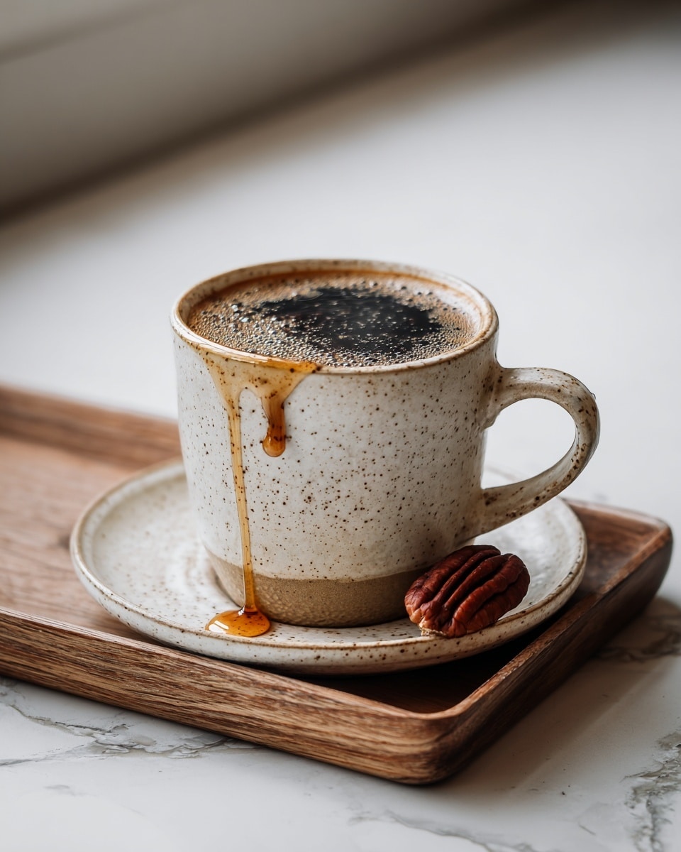 A speckled beige ceramic cup filled with dark black coffee topped with a smooth layer of light brown foam bubbles, with coffee dripping down the side of the cup onto the edge of a matching saucer. On the saucer, there is a single pecan placed on a small pool of dark amber syrup. The cup and saucer sit on a wooden tray, which is placed on a white marbled surface. Steam gently rises from the coffee, giving a warm and fresh feeling. photo taken with an iphone --ar 4:5 --v 7