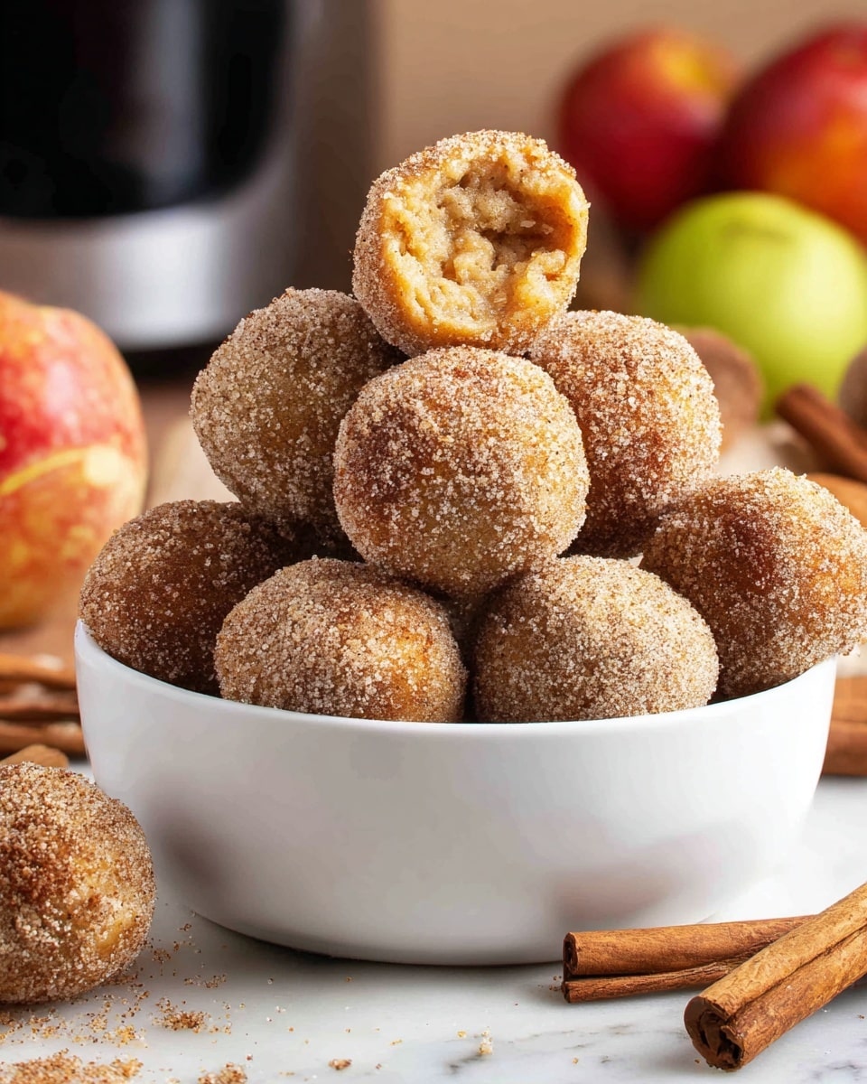 A white bowl is full of about ten round doughnut holes stacked in a small pyramid shape with a rough sugar and cinnamon coating giving them a light brown, grainy texture. One doughnut hole is broken open on the side near the bowl showing a light golden inside with syrup dripping. The bowl sits on a white marbled surface with two cinnamon sticks placed near it. In the blurred background, there are yellow apples and other fruits adding warm tones to the scene. photo taken with an iphone --ar 4:5 --v 7