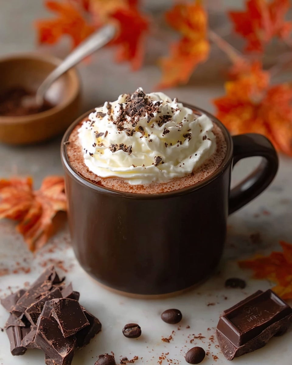 The image shows a dark brown cup filled with hot chocolate, topped with a thick swirl of white whipped cream sprinkled with small chocolate pieces and cocoa powder. The cup sits on a white marbled surface scattered with chunks of chocolate, small cocoa nibs, and cocoa powder dust. Around the cup, there are orange and red autumn leaves adding a warm, fall feeling to the scene. In the blurred background, there is a small white bowl with cocoa powder and a spoon. Photo taken with an iphone --ar 4:5 --v 7