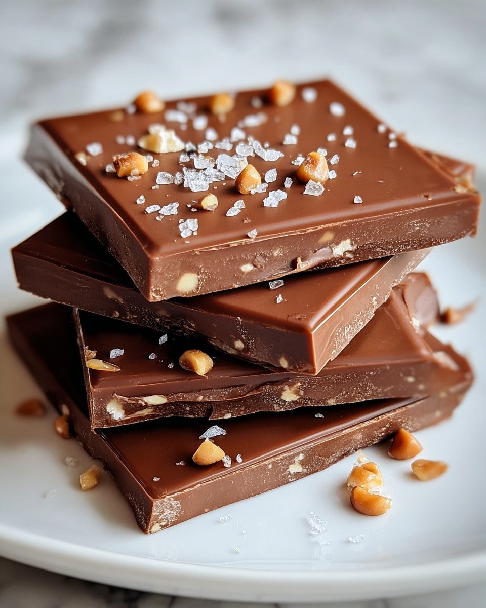 The image shows a stack of four thick rectangular milk chocolate pieces placed on a white plate with a soft, swirling edge. Each chocolate piece has a smooth, glossy surface with small crunchy nuts and coarse salt sprinkled on top, giving a light texture contrast. The chocolate layers are even and rich brown, with some nut bits visible inside the edges. The pieces are slightly unevenly stacked, with one corner of a layer jutting out, creating a cozy, homemade look. The background is a white marbled texture. Photo taken with an iphone --ar 4:5 --v 7