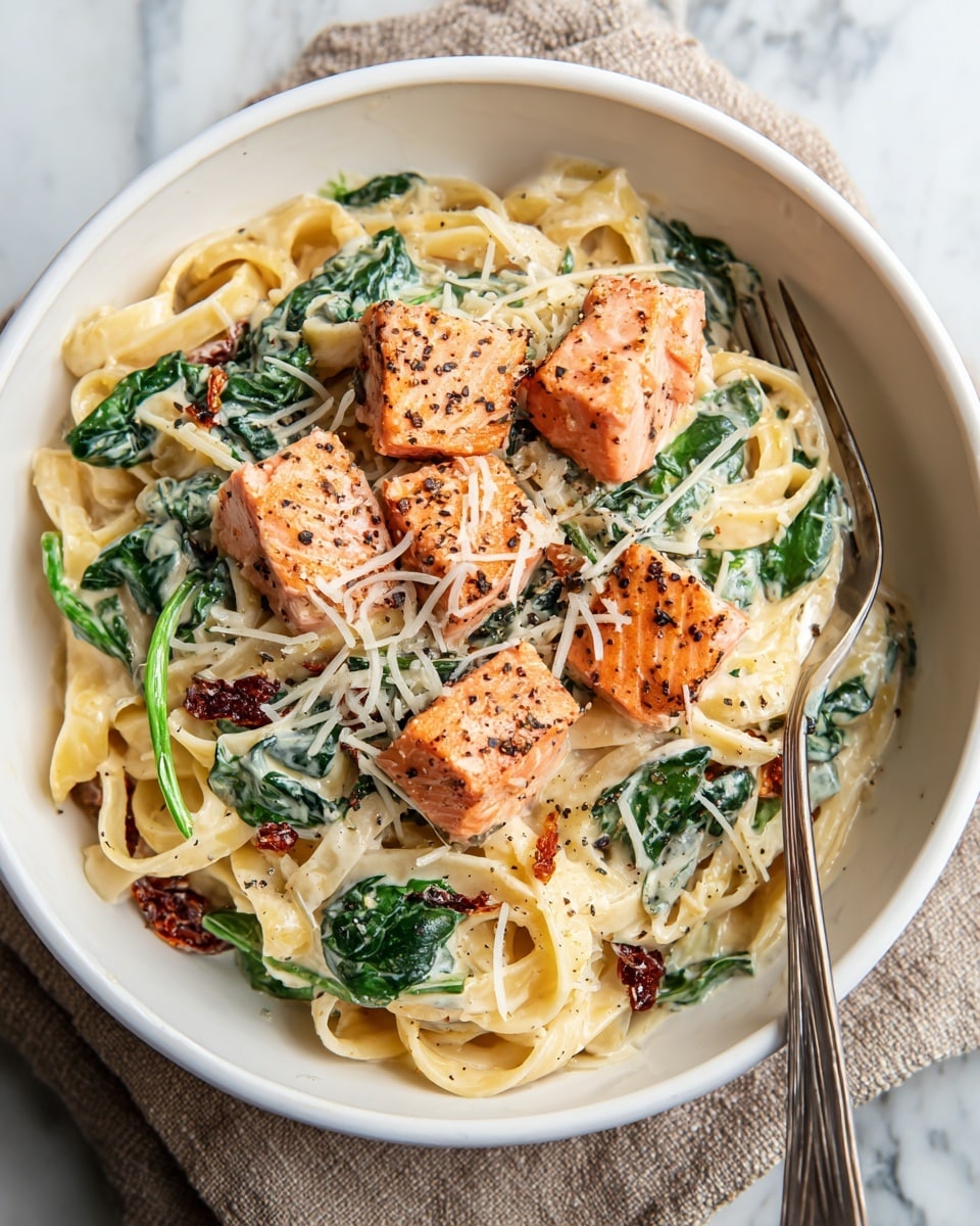 A white bowl holds a creamy pasta dish with three layers: the bottom layer consists of flat, slightly curled fettuccine noodles coated in a light cream sauce with some spinach leaves mixed in, the middle layer is made up of green spinach leaves and scattered sun-dried tomato pieces, and the top layer features six grilled salmon cubes with a pinkish-orange color, speckled with black pepper. Some grated cheese and more black pepper are sprinkled on top. A silver fork rests on the side of the bowl, which is placed on a beige textured cloth over a white marbled surface. Photo taken with an iphone --ar 4:5 --v 7