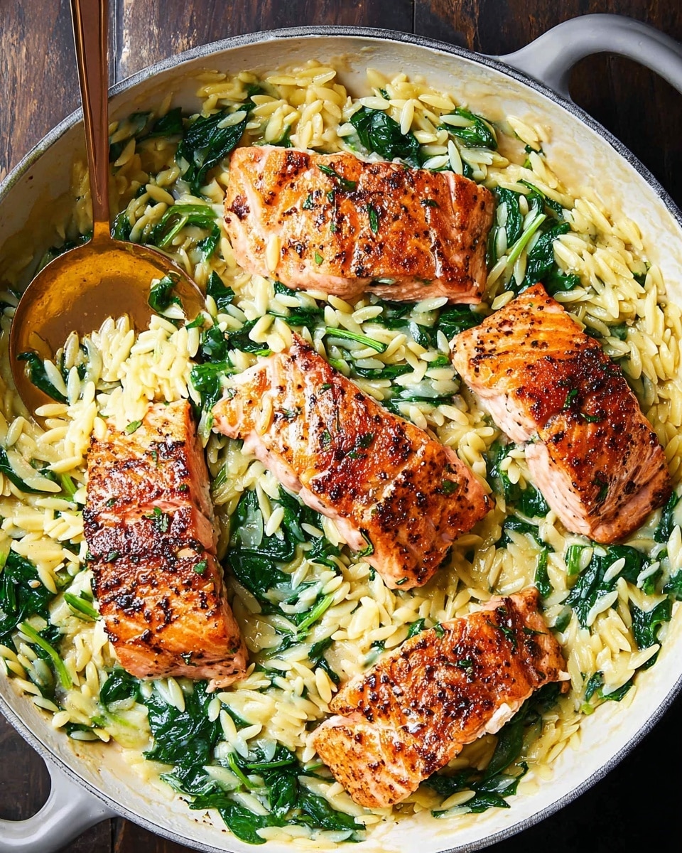 A white pan filled with a bed of light yellow orzo pasta mixed with bright green spinach leaves, showing a soft and slightly glossy texture. On top, there are four pieces of golden-brown seared salmon fillets with a crispy, pepper-speckled surface, their edges slightly caramelized. The dish sits on a white marbled textured table, and the orzo and spinach are gently coated with a light sauce, making the whole meal look fresh and savory. photo taken with an iphone --ar 4:5 --v 7