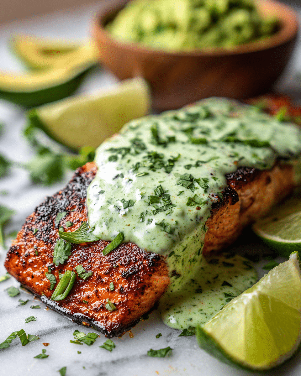 A piece of grilled salmon with a golden brown and slightly charred outside layer, topped with a creamy green herb sauce that spreads unevenly across the top and drips down the side. Fresh chopped green herbs are scattered over the sauce and the salmon. Surrounding the salmon are lime wedges with fresh green skin and a few slices of avocado with a soft, textured green-yellow inside. A bowl of mashed avocado sits blurred in the background on a white marbled surface. photo taken with an iphone --ar 4:5 --v 7