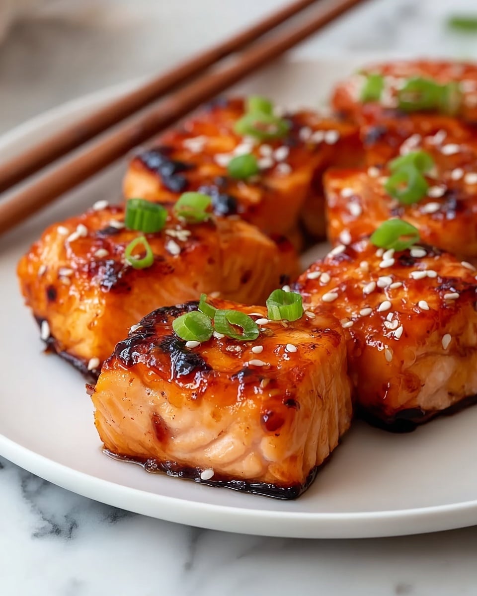 The image shows crispy salmon bites arranged on a white plate placed on a white marbled surface. Each salmon bite is a small cube with a golden-brown crispy outer layer, giving a crunchy texture. The top of each cube is drizzled with a creamy, light orange sauce that has a smooth texture, creating a glossy finish. Fresh green herbs are sprinkled over the salmon bites and sauce, adding a pop of color on top. The salmon pieces are neatly stacked, showcasing at least two visible layers: the crispy salmon base and the smooth sauce layer with herb garnish on top. Photo taken with an iphone --ar 4:5 --v 7