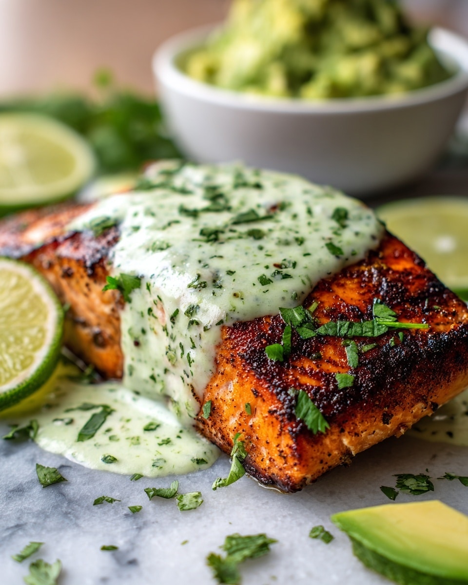 Two thick salmon fillets lie side by side in a black pan filled with a dark shiny glaze. Each fillet has a golden brown crust with visible grill marks and is covered with black sesame seeds and small green herb leaves scattered on top. The salmon flesh texture is clear with light pink and orange hues peeking through the glaze. The background is a white marbled texture. photo taken with an iphone --ar 4:5 --v 7