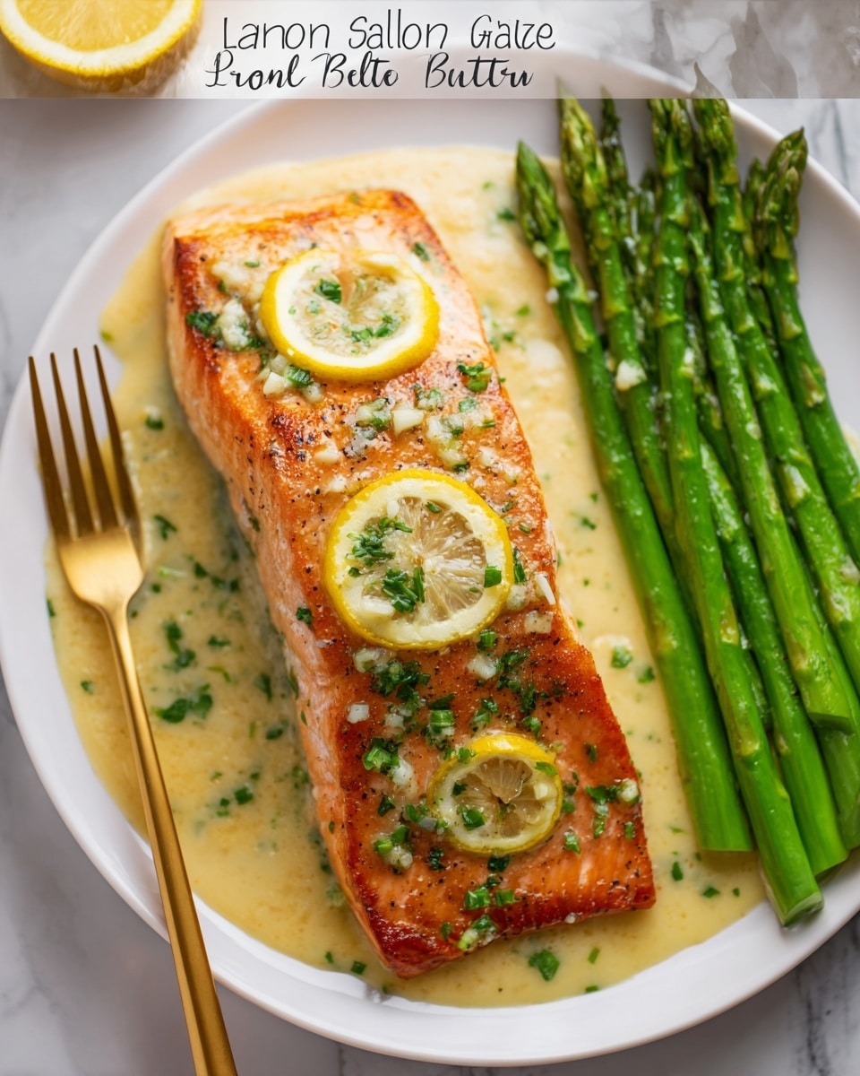 The image shows a white plate with one cooked salmon fillet topped with green chopped herbs and two small lemon wedges. The salmon’s surface is golden brown with a moist, flaky texture. The fillet sits in a light yellow garlic lemon butter sauce that spreads across the plate. On the right side of the plate, there is a neat bunch of bright green asparagus spears, adding color contrast. A gold fork rests on the left side of the plate. The plate is placed on a white marbled surface. Photo taken with an iphone --ar 4:5 --v 7