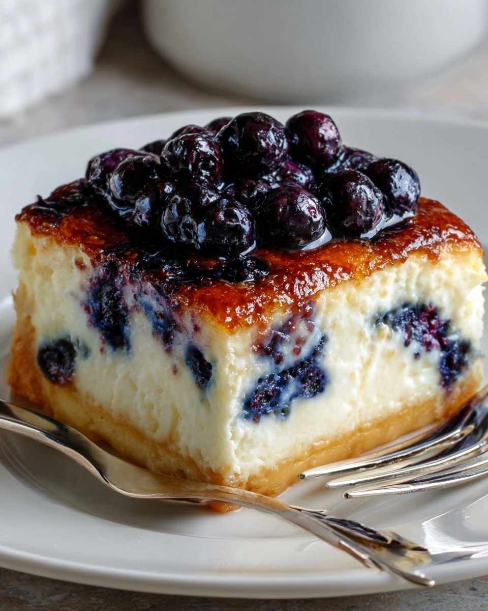 A single square piece of blueberry cheesecake sits on a white plate with a shiny silver fork resting beside it. The dessert has three visible layers: a bottom thin golden crust, a thick creamy white cheese layer with blueberries embedded in it, and a top caramelized layer with whole glossy blueberries piled in the center. The cheesecake's surface is slightly browned and glossy, showing a rich texture. The background is a soft white marbled texture. photo taken with an iphone --ar 4:5 --v 7