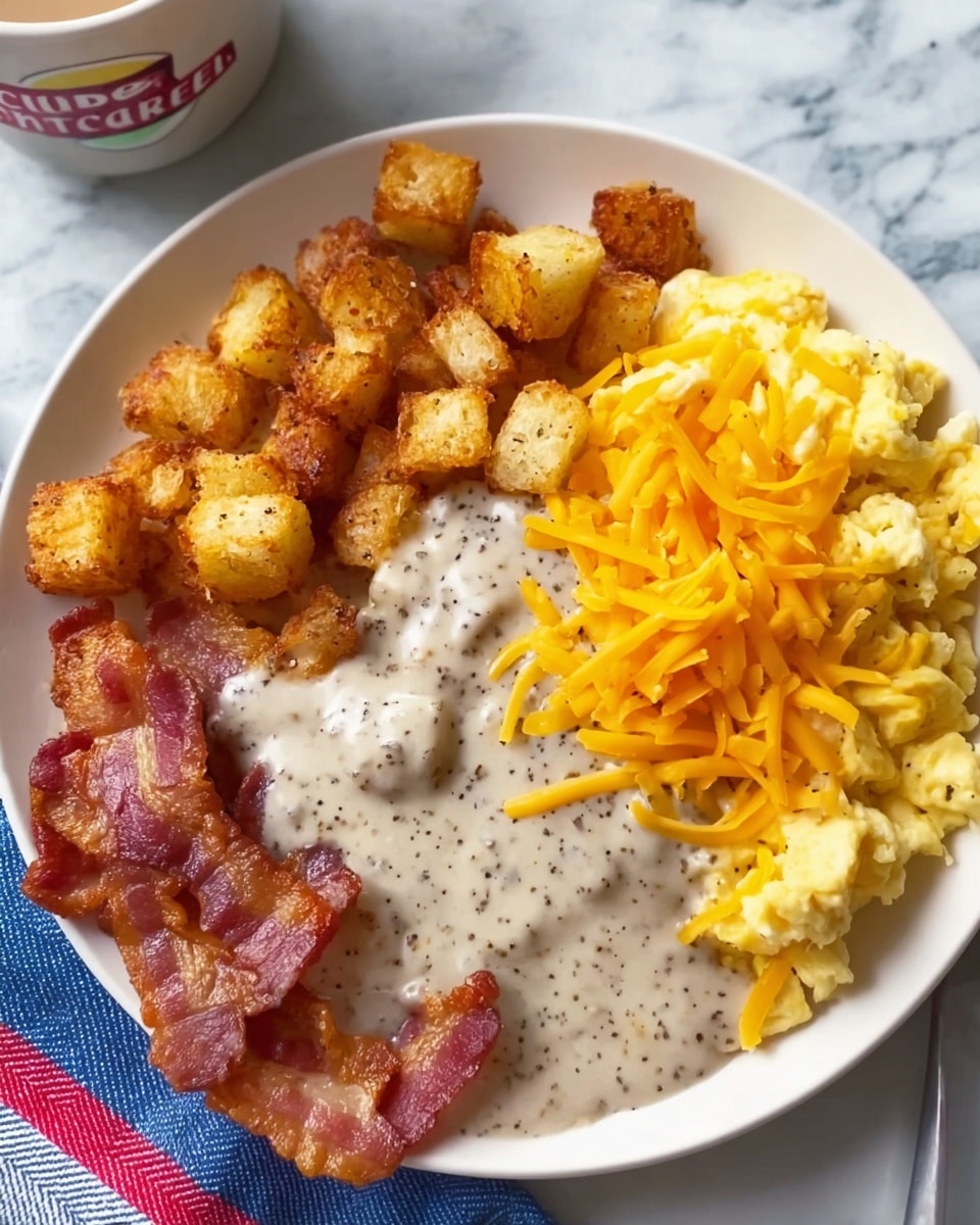 A white plate holds a layered breakfast dish with cubed, golden-brown crispy potatoes on the left, next to several crispy bacon slices partially covered by a creamy sausage gravy with visible black pepper specks. To the right of the gravy, there are fluffy yellow scrambled eggs topped with a small pile of shredded orange cheddar cheese, all placed on a white marbled surface with a blue and red cloth peeking from the bottom side of the image. Photo taken with an iphone --ar 4:5 --v 7