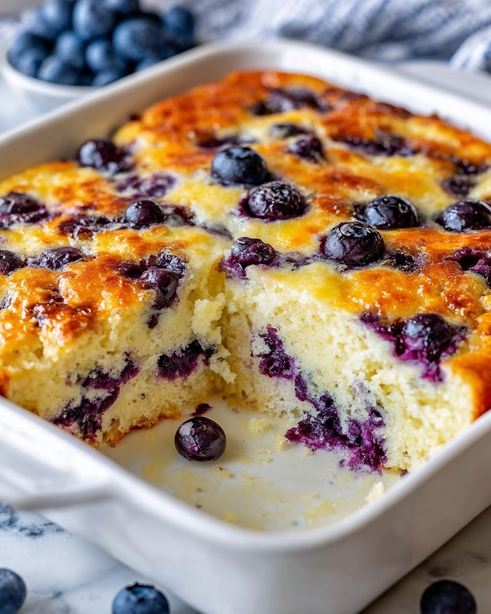 This image shows a square white baking dish filled with a thick, golden-brown baked blueberry cake. The cake has a light, fluffy texture with blueberries spread evenly throughout, creating purple spots inside and on the surface. The top layer is a golden crust with some slightly browned, bubbly areas, and whole blueberries are scattered on top, adding dark blue and purple colors. A large piece is cut out from one corner, revealing the soft, light yellow inside with juicy blueberry layers. The dish is placed on a white marbled surface, and in the background, there are fresh blueberries slightly out of focus. Photo taken with an iphone --ar 4:5 --v 7