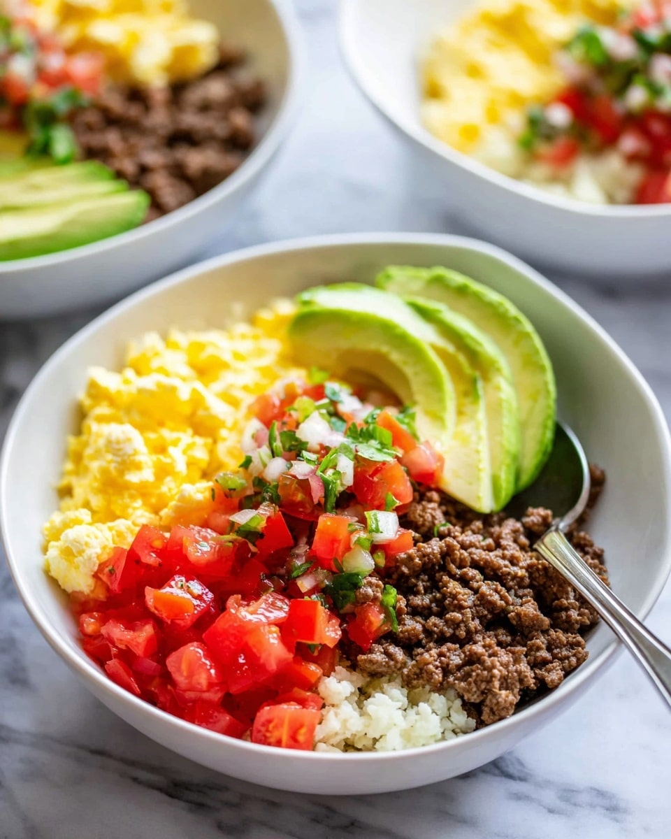 A white bowl is filled with five distinct layers arranged side by side: soft yellow scrambled eggs on one side, dark brown cooked ground beef next to it, bright red diced tomatoes at the front, pale white cauliflower rice beside them, and fresh green avocado slices fanned out beside the ground beef. The middle layer consists of colorful fresh salsa made of red, white, and green chopped vegetables, placed between the eggs and beef. A silver spoon rests partially inside the bowl on the cauliflower rice side. The bowl sits on a white marbled surface with two similar bowls slightly blurred in the background. photo taken with an iphone --ar 4:5 --v 7