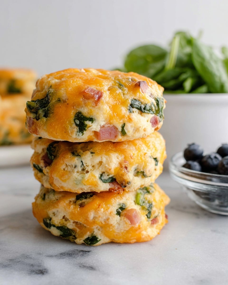 A stack of three thick, round scones sits on a white marbled surface, each scone filled with chunks of orange cheddar cheese and green spinach bits, with visible pieces of ham scattered throughout. The scones have a golden-baked top with a slightly rough, textured surface showing melted cheese. In the soft-focus background, there is a white bowl holding leafy greens and a clear glass bowl filled with dark blueberries. The overall scene is bright and fresh. Photo taken with an iphone --ar 4:5 --v 7
