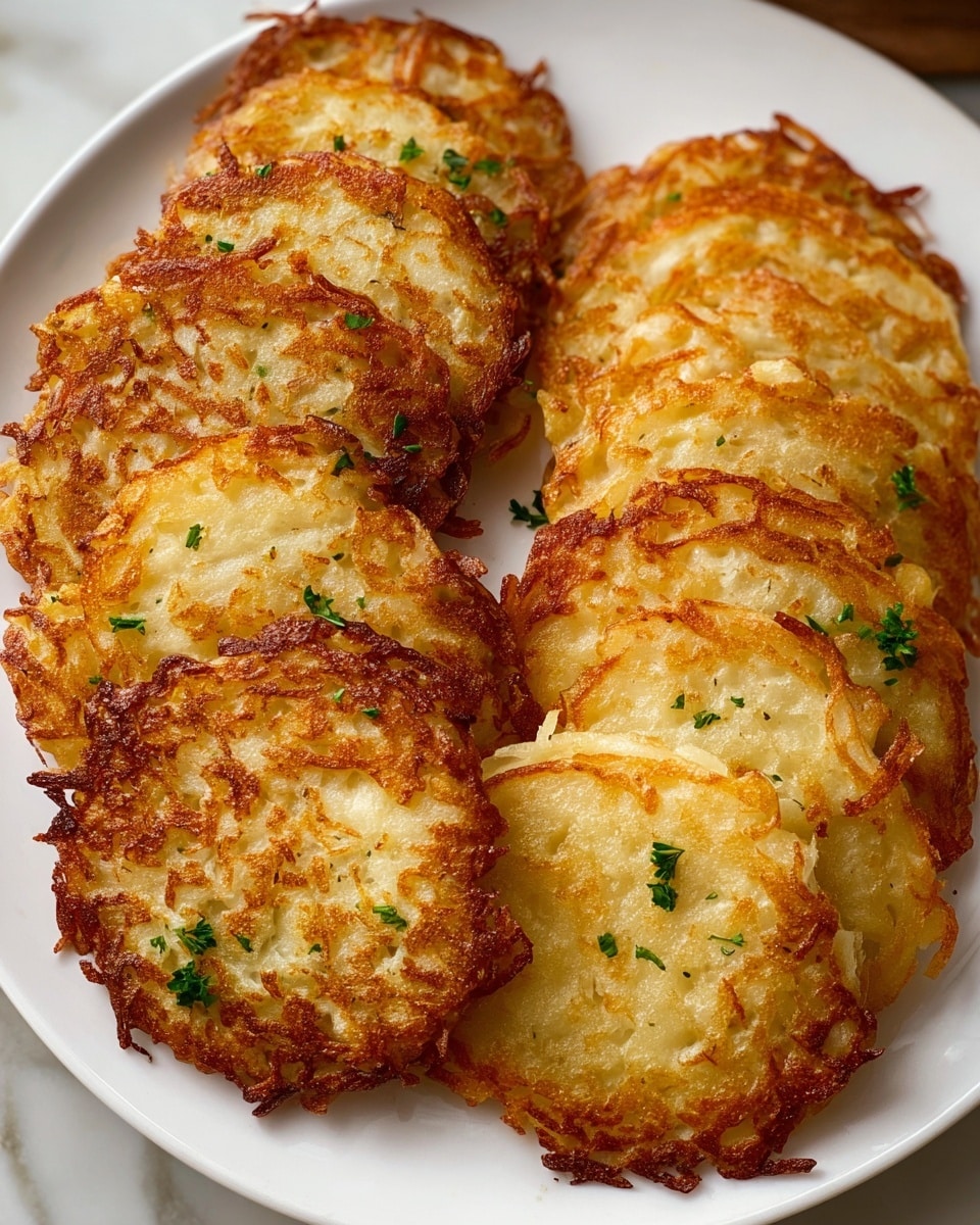 A white plate holds two neat rows of golden brown potato pancakes, each pancake thin with crispy, lacy edges that show a mix of light and darker brown shades. The surface of each pancake is slightly uneven with small bits of grated potato visible, giving a textured look. Some green parsley pieces are scattered lightly between the pancakes, adding a touch of color contrast. The plate sits on a white marbled surface that reflects natural light, enhancing the warm tones of the crispy pancakes. photo taken with an iphone --ar 4:5 --v 7