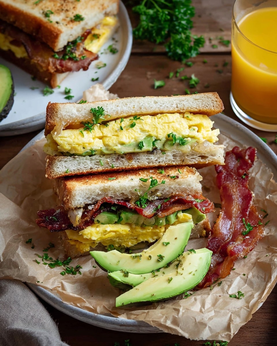 The image shows a breakfast sandwich on a white plate lined with brown parchment paper, placed on a white marbled surface. The sandwich is cut in half to show its layers: at the bottom, there is a thick, crispy sausage patty with a brown color, above it crispy bacon with reddish-brown edges, then a layer of bright yellow scrambled eggs mixed with green avocado slices, all held between two toasted golden-brown bread slices sprinkled with green herbs. Next to the sandwich halves, there are a few slices of fresh avocado and some scattered pieces of bacon. In the background, there is a glass of orange juice placed on the white marbled surface. photo taken with an iphone --ar 4:5 --v 7