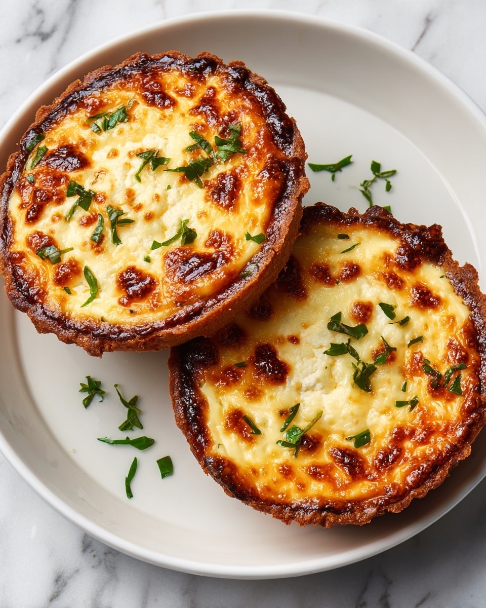 Two small round tarts sit on a dark plate over a white marbled surface. Each tart has three visible layers: a thin, light brown, crispy base; a thick, fluffy white middle layer that looks creamy; and a golden-brown top layer, which is glazed and slightly caramelized with a smooth and shiny texture. Fresh chopped green herbs are sprinkled on the top, adding specks of green on the golden surface. The tarts look soft and cheesy, with a light crunch on the edges. photo taken with an iphone --ar 4:5 --v 7