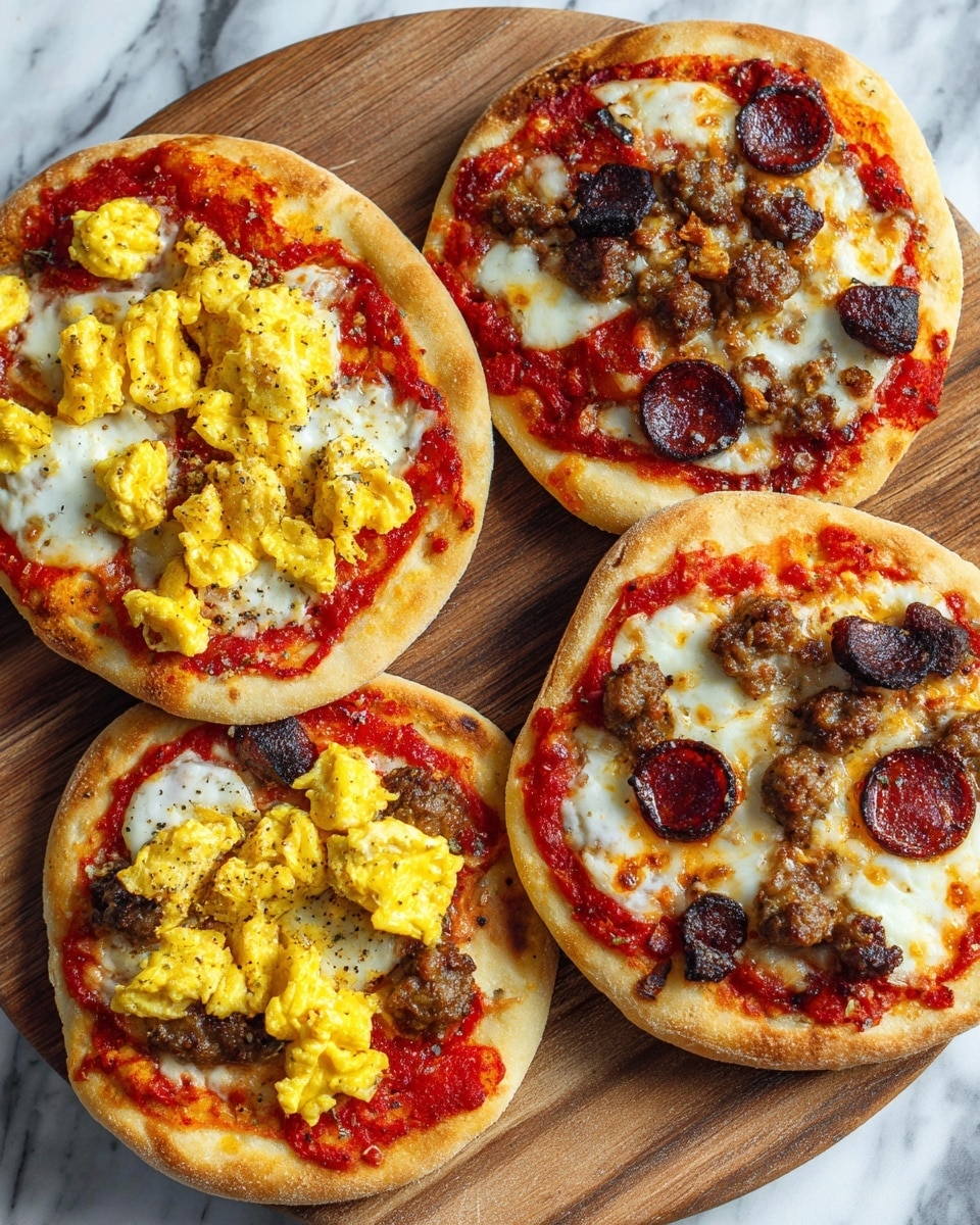 The image shows four small round pizzas placed on a wooden board. Each pizza has a thick, light brown crust with a slightly puffed edge. The first pizza in the front has three layers: the base layer is red tomato sauce, the second layer is melted white cheese spread evenly, and the top layer has pieces of browned sausage and bright yellow scrambled eggs scattered across. The other three pizzas in the background have the same red tomato sauce and melted cheese layers but differ in toppings, with some showing scrambled eggs and pepperoni slices. The wooden board rests on a white marbled surface. photo taken with an iphone --ar 4:5 --v 7