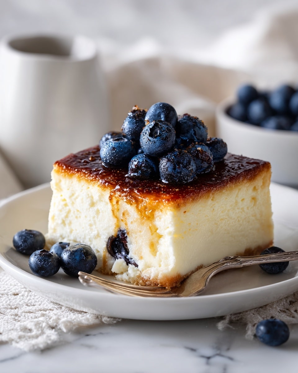 A thick square slice of cheesecake sits on a white plate with a silver fork to the side. The cheesecake has three main layers: a bottom layer of creamy white custard mixed with dark purple blueberries, a middle layer of dense white cream cheese filling, and a top layer that is golden brown and slightly caramelized with a shiny glaze. Fresh, plump blueberries form a small mound in the center of the top layer, glistening as if coated with syrup. The edges of the cheesecake show a soft, slightly grainy texture, and the slice sits on a white marbled surface. photo taken with an iphone --ar 4:5 --v 7