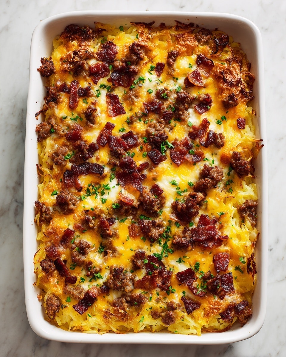 A baked casserole in a white square dish with handles is shown from above on a white marbled surface. The dish has multiple layers visible through the top: golden brown crispy shredded potatoes form the base and edges, topped with melted bright orange cheddar cheese and small dollops of gooey white melted cheese. Scattered all over are browned crumbled sausage pieces and dark reddish crispy bacon bits. Small green herb sprinkles add little color contrast across the surface. The overall look is rich, hearty, and textured with a mix of crispy and melted elements. photo taken with an iphone --ar 4:5 --v 7