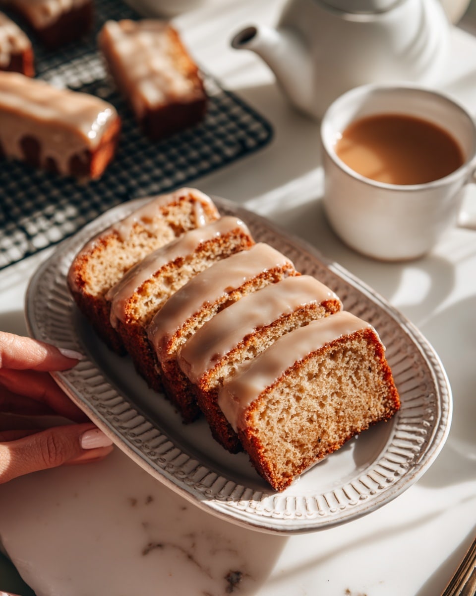 A white plate with several square-shaped pastries on a wooden table with a white marbled texture background. Each pastry has two layers: a golden-brown baked base and a thick, smooth light brown frosting on top. In the background, there is a white cup and a white teapot on a lace cloth, and a cooling rack holding more pastries. The scene feels warm, cozy, and inviting. Photo taken with an iphone --ar 4:5 --v 7