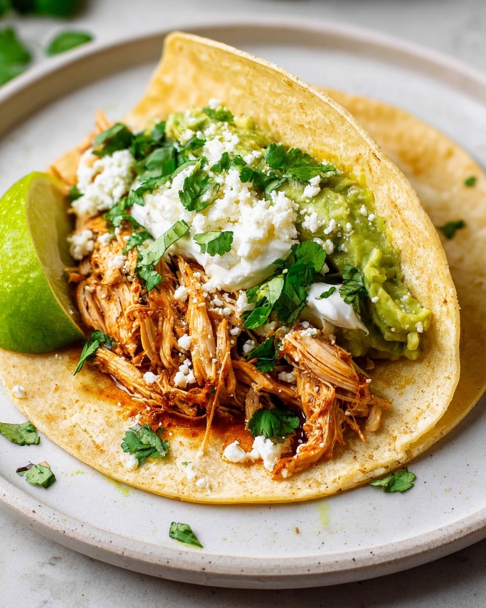 The image shows a soft, folded corn tortilla holding a layered filling. The first layer inside the tortilla consists of shredded orange-red chicken with visible spices and bits of onion mixed in. On top of the chicken, there is a light green guacamole spread and a dollop of white sour cream placed side by side. Bright green chopped cilantro is sprinkled across the filling. A thin lime wedge, dusted lightly with grated white cheese, rests inside the taco on one side. The taco sits on a simple white plate with a white marbled surface underneath, with a sprig of green cilantro in the background. photo taken with an iphone --ar 4:5 --v 7