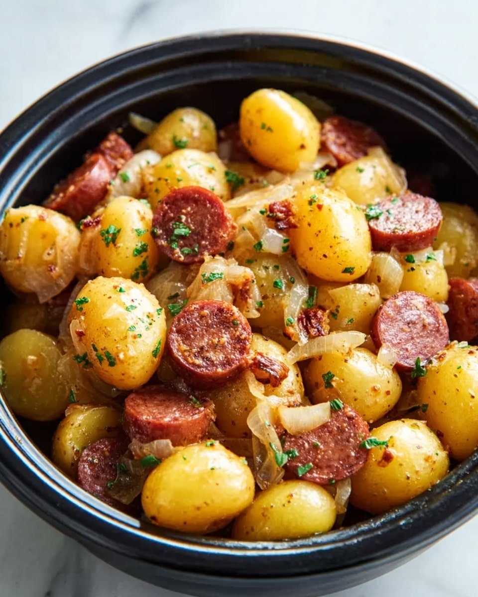 The image shows a black bowl filled with a warm potato dish. Inside the bowl, there are three clear layers: the first layer has small, round yellow potatoes with smooth skin; the second layer has sliced pieces of sausage with a reddish-brown color mixed evenly; on top of that are small pieces of melted, bright orange cheese and bits of green herbs scattered all over. The bowl is placed on a white marbled surface, making the colors of the food stand out. A woman's hand is just about to hold the edge of the bowl. Photo taken with an iphone --ar 4:5 --v 7